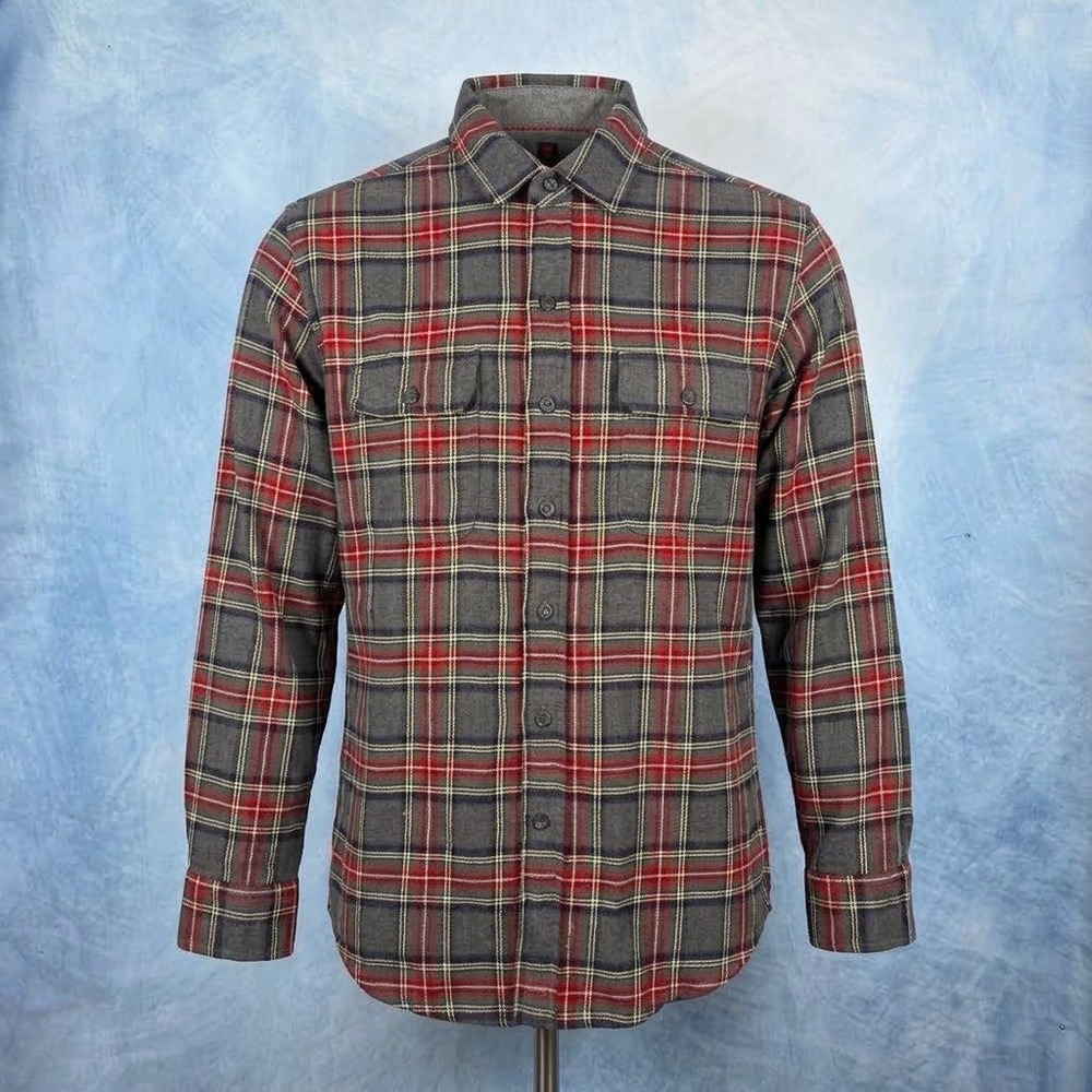 Woolrich Mens Plaid Flannel Shirt Grey Red Cotton Button Down Long Sleeve Medium
